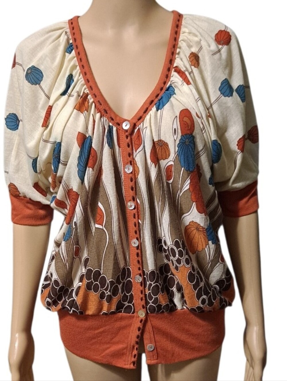 Forever 21 XXI Cream Floral Button-Front Top with Orange Trim